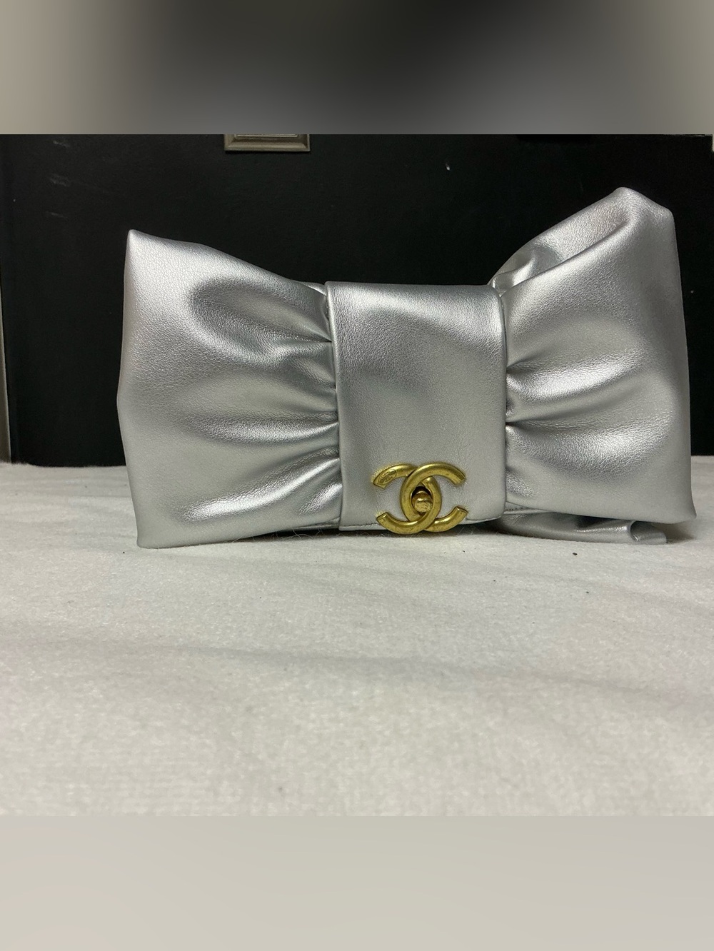 Silver Satin Bow Clutch with Gold Emblem - Picture 4 of 8